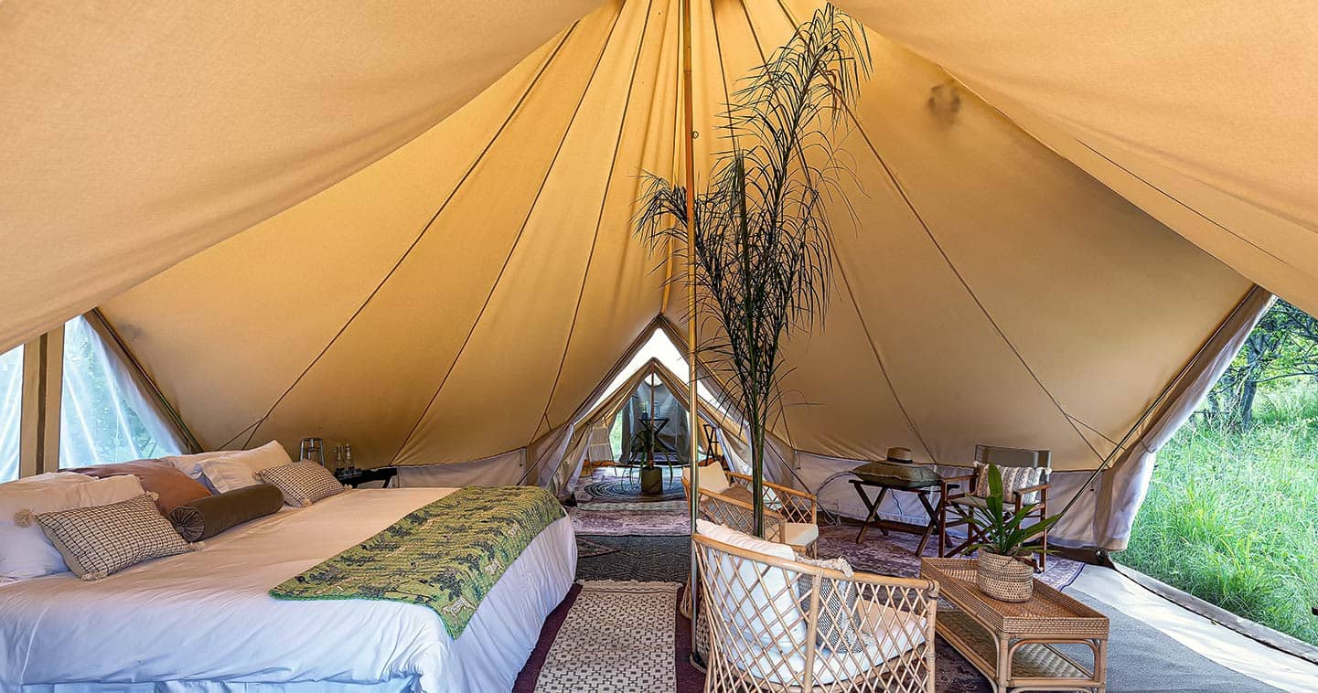 The interior of your luxury tent at Feline Fields Vintage Camp in Khwai